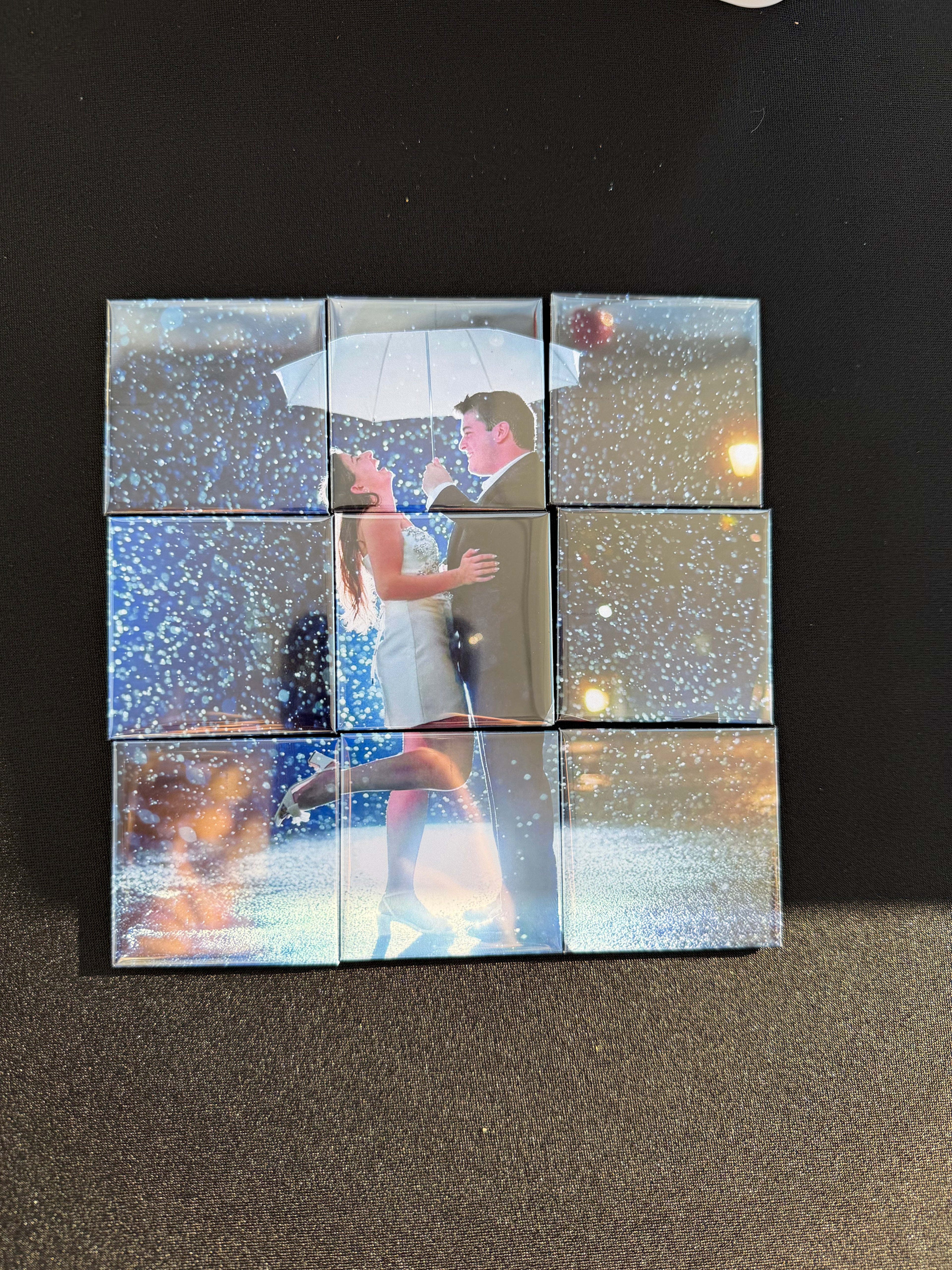 Custom photo puzzle divided into a 3x3 grid of square pieces

